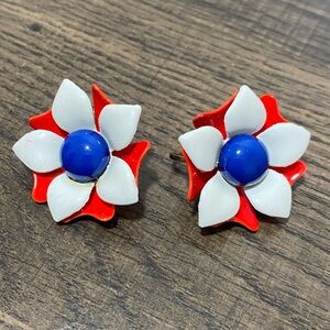 Vintage Patriotic Red, White, and Blue Enamel Metal Flower Clip On Earrings